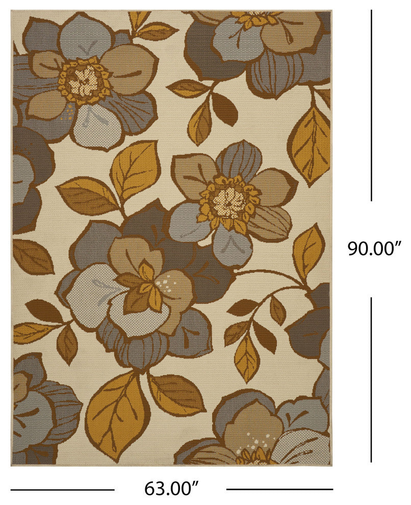 GDF Studio Damaris Outdoor Floral 5'x8' Area Rug, Ivory and Multicolored