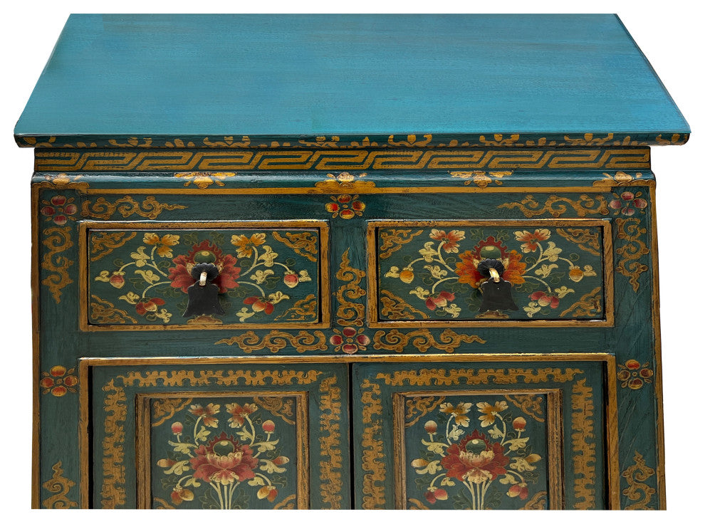 Distressed Teal Blue Green Tibetan Floral End Table Nightstand Cabinet Hcs7621