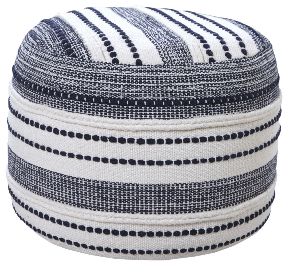 Navy and Ivory Seaside Striped Textured Pouf Ottoman