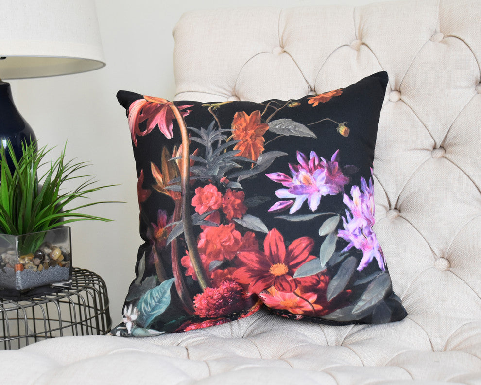 Floral Craze 18" Black Floral Print Decorative Throw Pillow