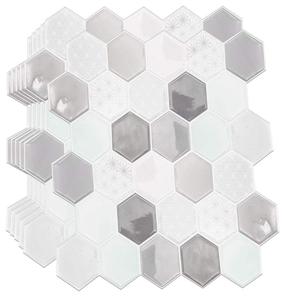 12"x6" Honey Hexa Grey Glossy 3D Tile Stickers, Set of 12