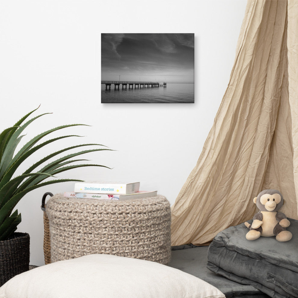 End of the Pier Coastal Black & White Photo Canvas Wall Art Print, 12" X 16"