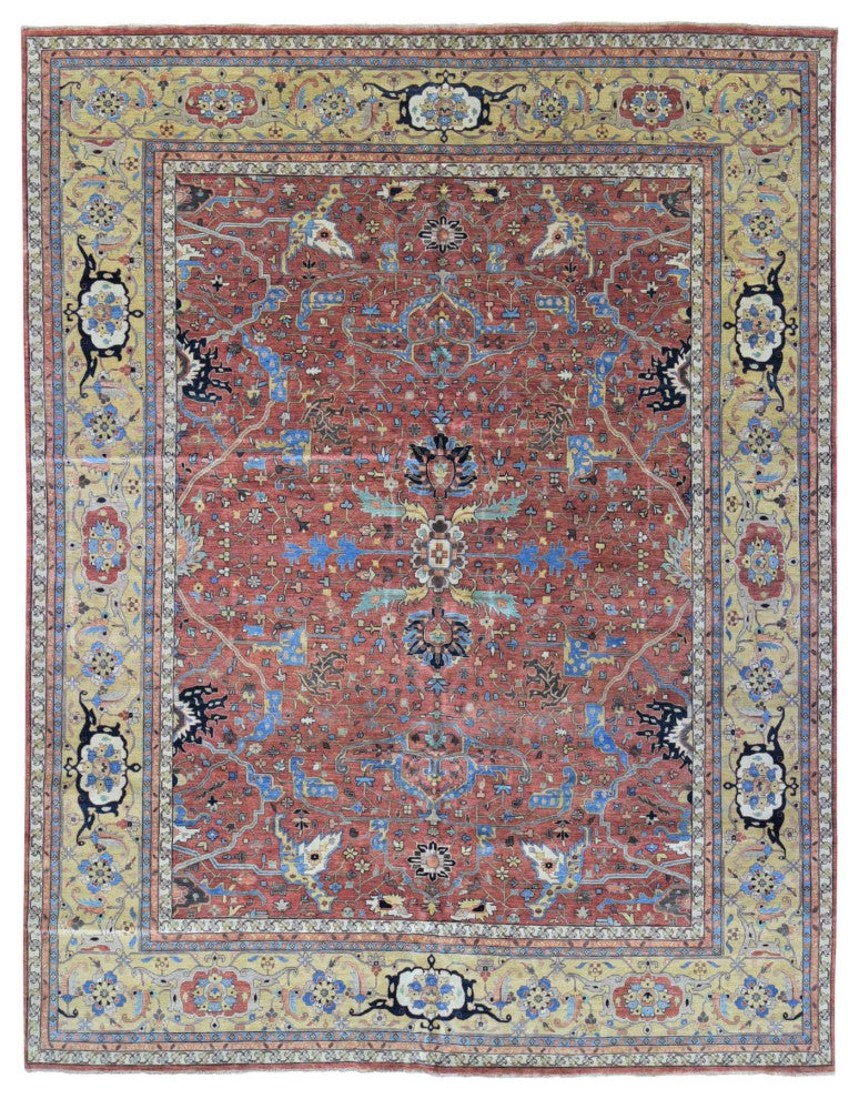 Red Antique Heriz Re-Creation Hand Knotted Pure Wool Oversized Rug, 2'0"x14'10"