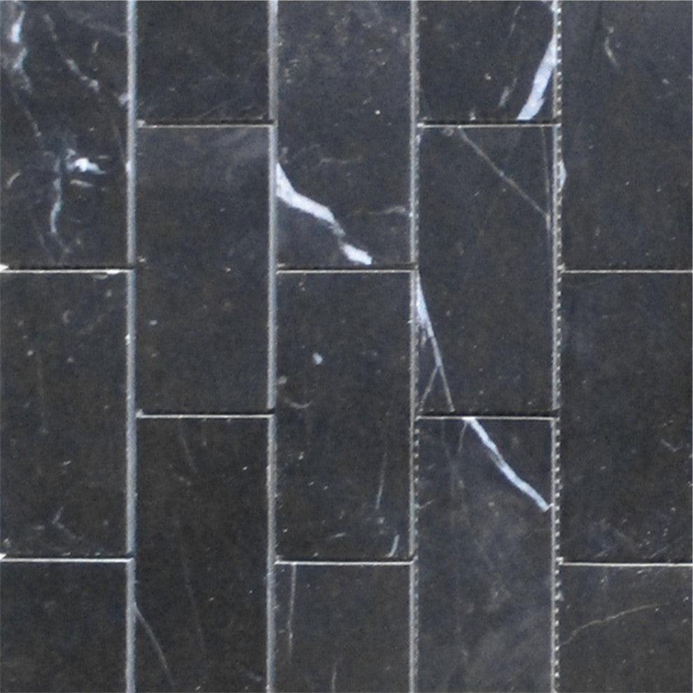 Nero Marquina Black Marble 2x4 Brick Subway Mosaic Tile Polished, 1 sheet