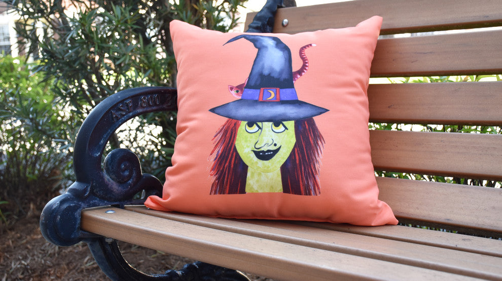 Witches Hat Halloween Print Decorative Throw Pillow, Orange, 16"