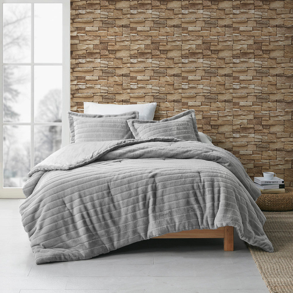 Madison Park Amara Striped Faux Fur Plush Comforter Mini Set, Grey, Grey, King/C