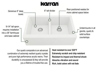 Karran All, One Farmhouse Quartz 34" Double Bowl Sink, White With Faucet