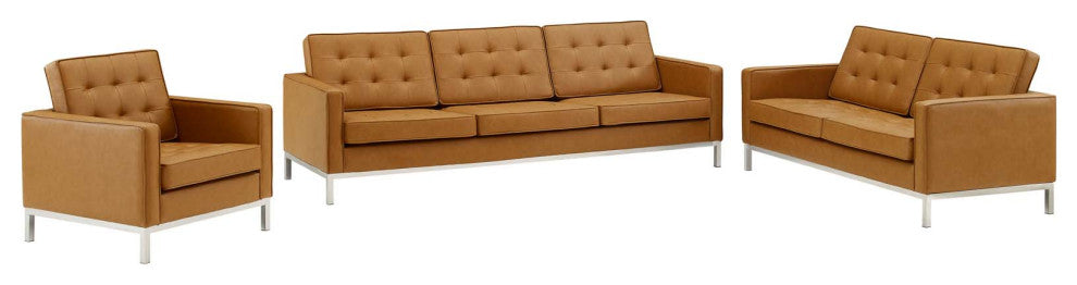 Loft Tufted Upholstered Faux Leather 3 Piece Set Silver Tan