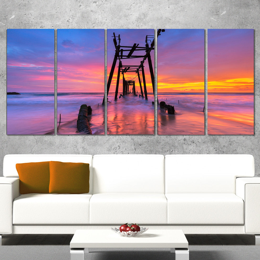 "Discarded Wooden Bridge At Sunset" Sea Pier Wall Art, 5 Panels, 60"x28"