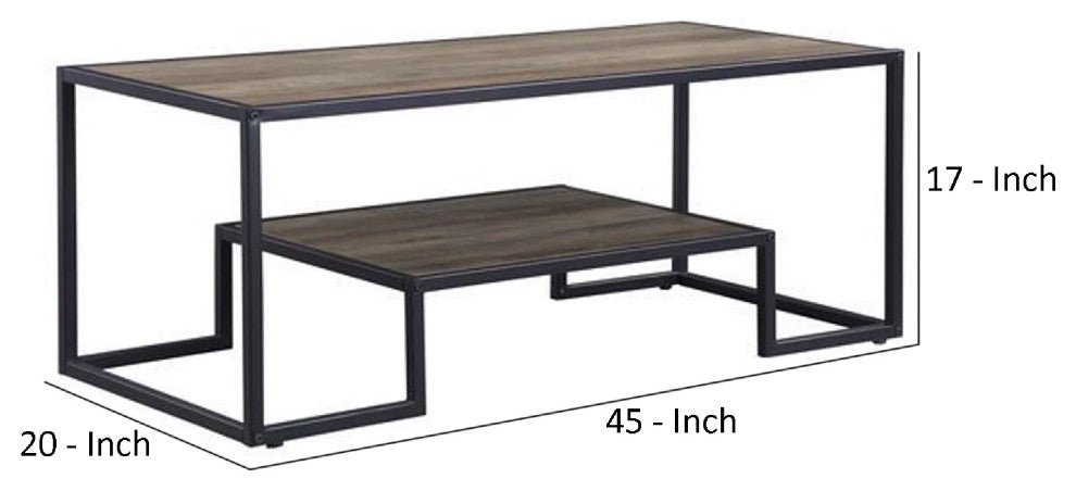 Benzara BM269085 Coffee Table With 1 Open Shelf and Tubular Frame, Oak Brown