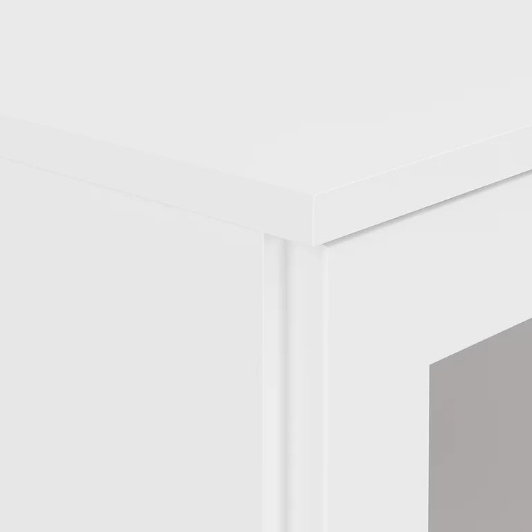 Modern Bookcase, 2 Lower Drawers & Glass Panel Doors With Inner Shelves, White
