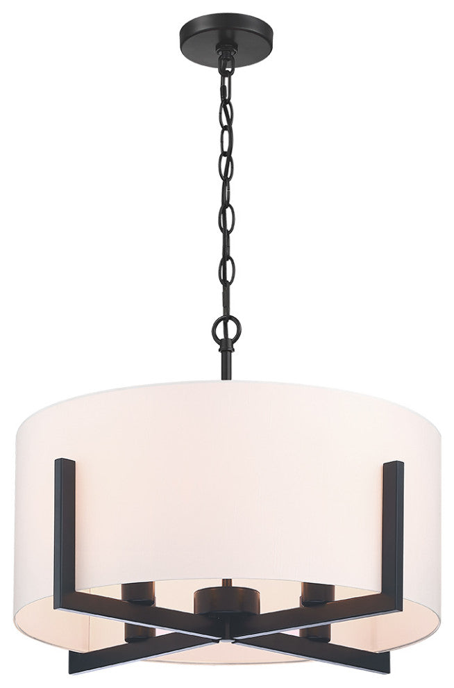 22" W 4-Light Matte Black Chandelier Pendant Light With White Drum Shade