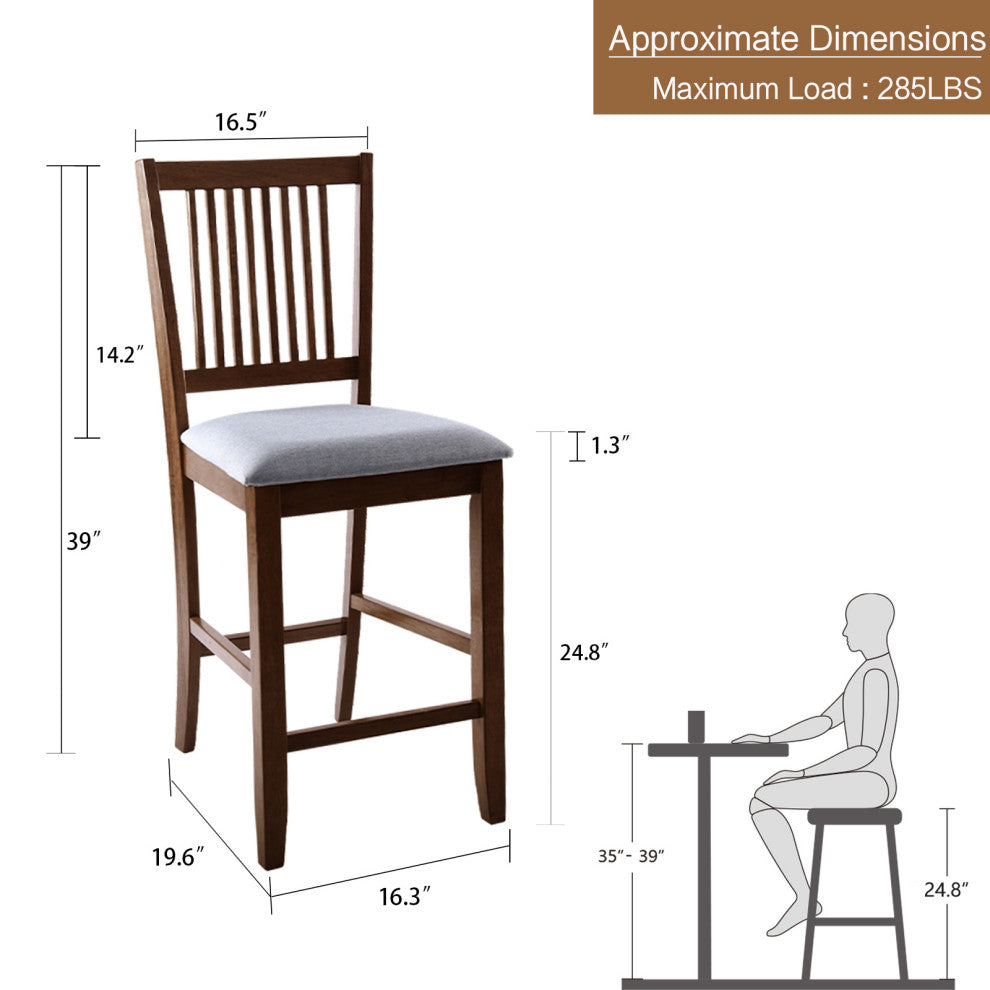 Set of 2 Slat-Back Padded Wood Counter Stools, Rusticwalnut