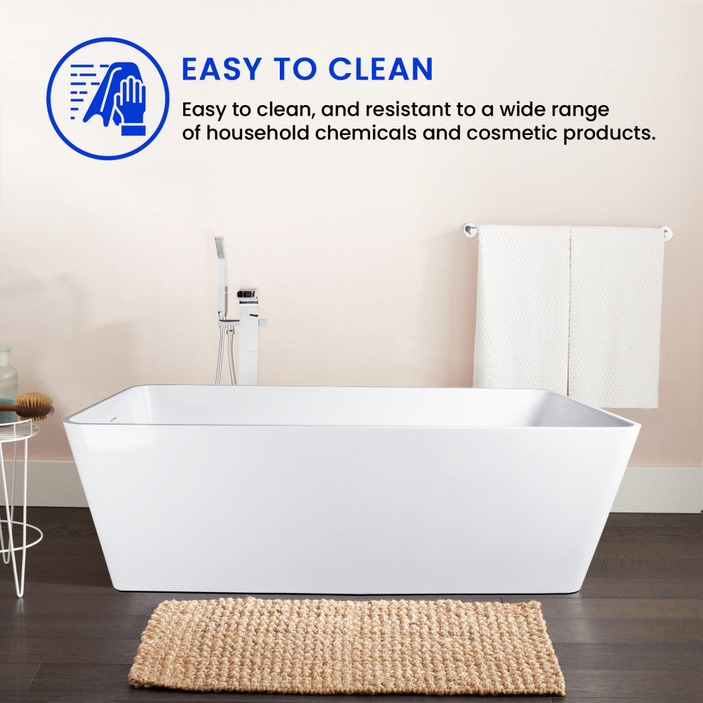 Vanity Art Solid Surface Resin Stone Freestanding Bathtub, Glossy White, 67 in. X 32 in.