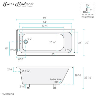 Voltaire Acrylic With Integral Tile Flange, 60"x30", Left Hand Drain