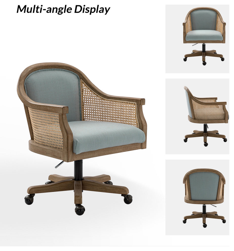 Xaver Farmhouse Home Office Desk Task Chair With Rattan Arms, Blue