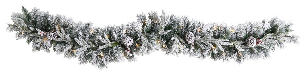6' Flocked Artificial Christmas Garland With Pine ConeS, 35 Warm White LEDs