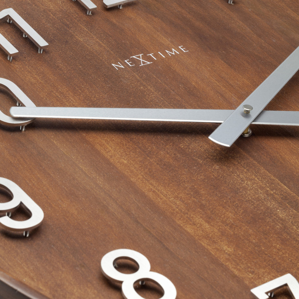 Precious 20" Wooden Wall Clock With Raised Metal Numbers, Brown