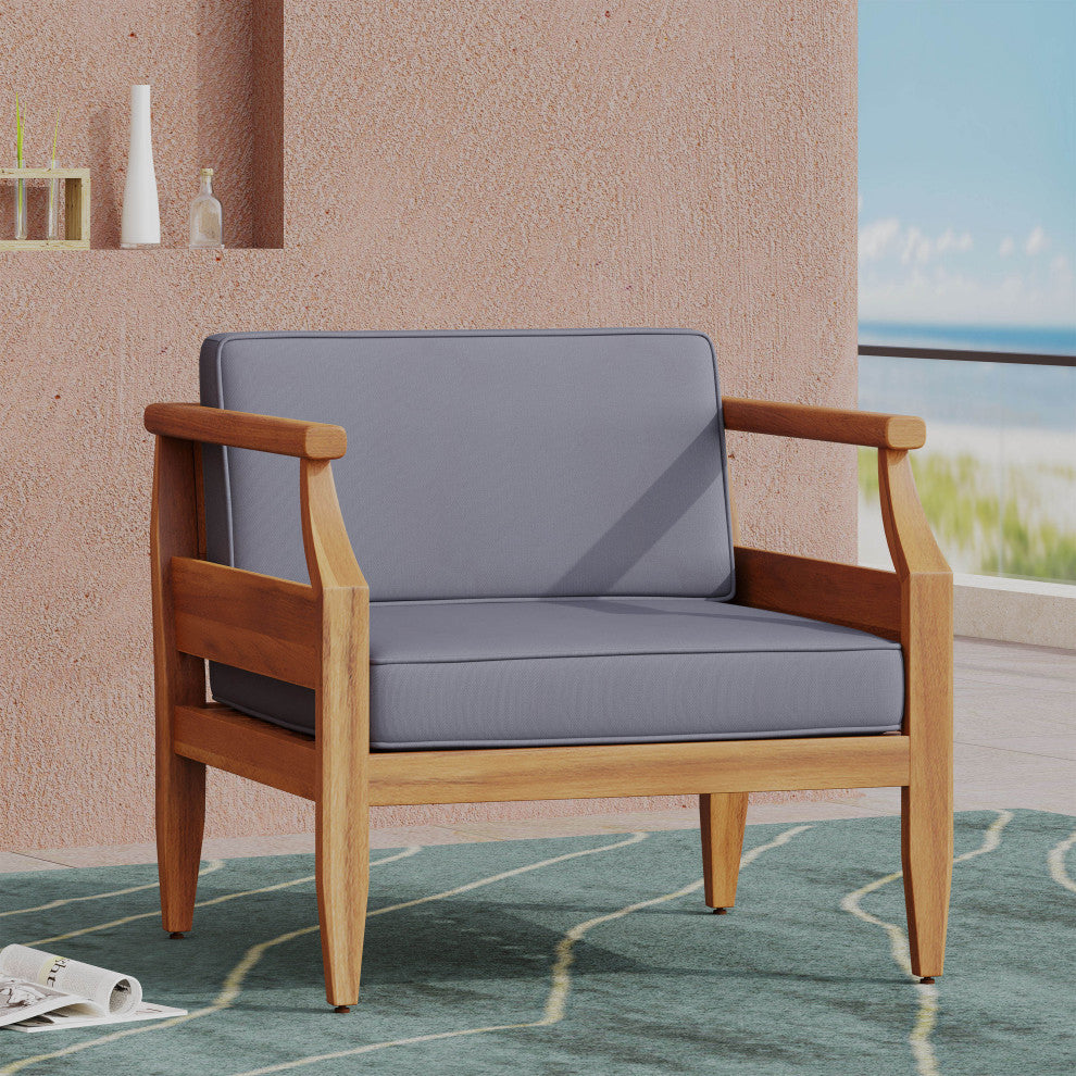 Bianca Outdoor Acacia Wood Club Chairs with Cushions, Teak + Dark Gray, Single