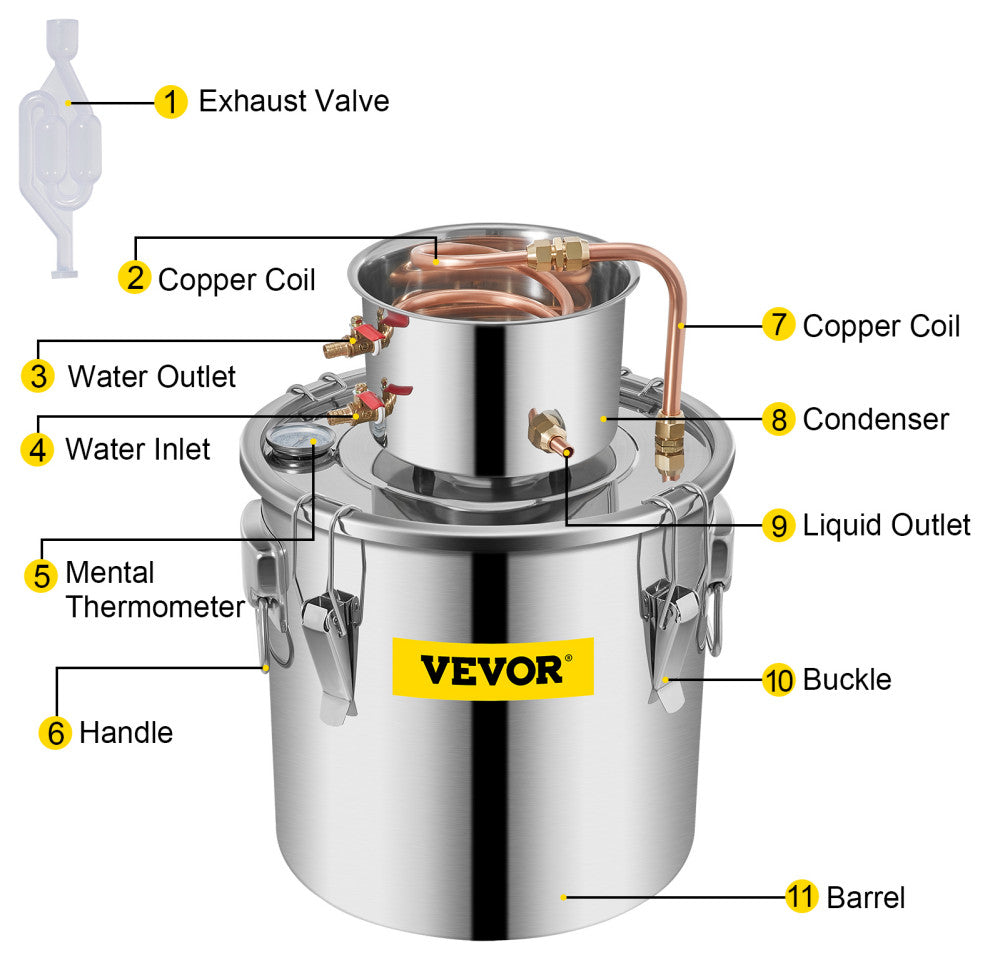Alcohol Still Stainless Steel Water Alcohol Distiller Copper Tube for DIY, 8 Gallon
