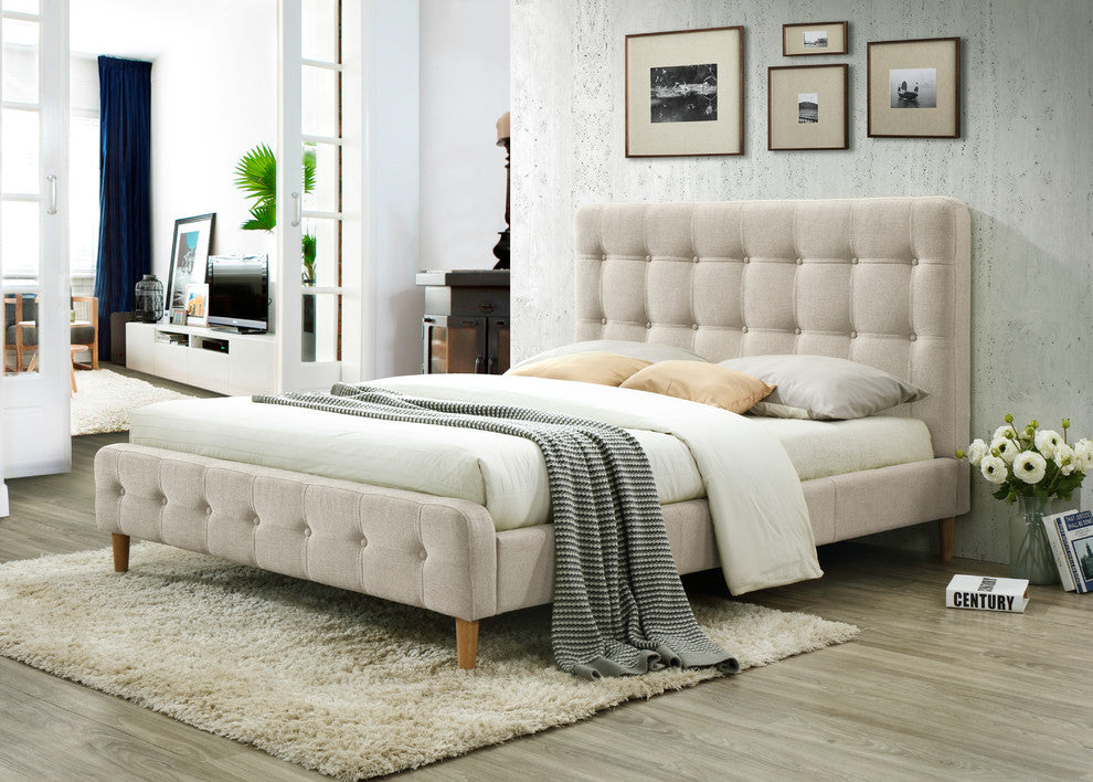 Omax Decor Hugo Upholstered Platform Bed, Beige