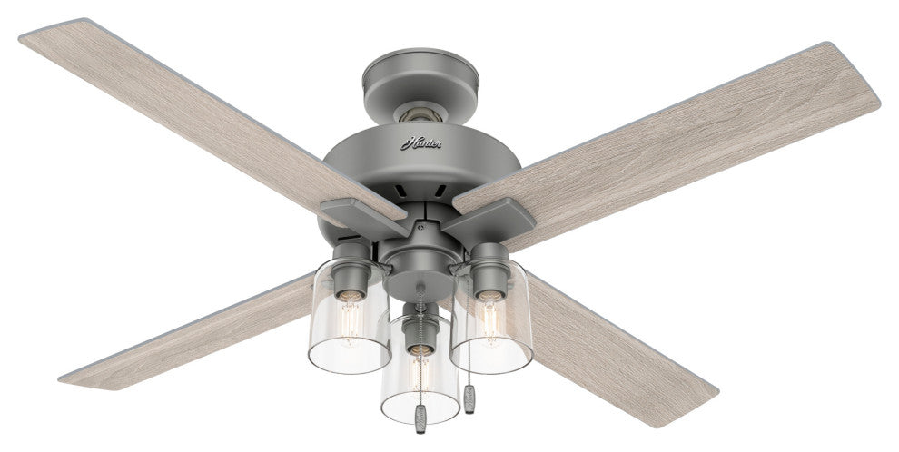 Hunter 52" Pelston Ceiling Fan, Matte Silver With LED Light and Pull Chain