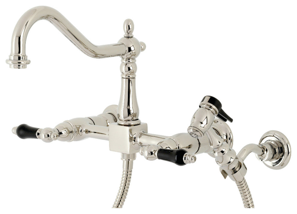 KS1246PKLBS Wall Mount Bridge Kitchen Faucet With Brass Spray, Polished Nickel