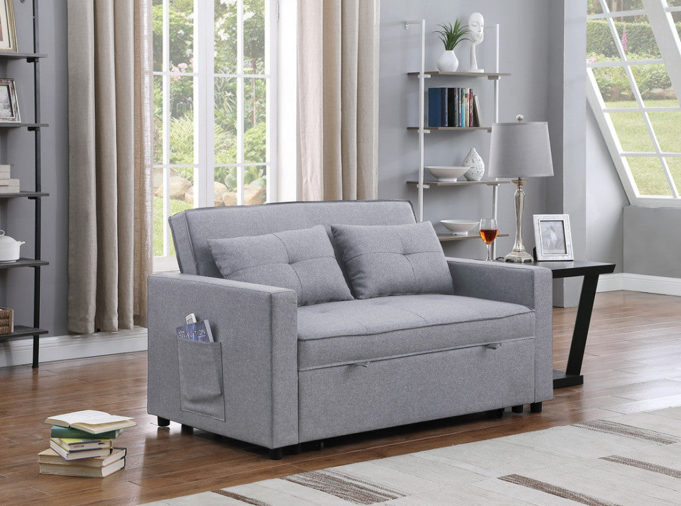 Zoey Linen Convertible Sleeper Loveseat With Side Pocket, Light Gray