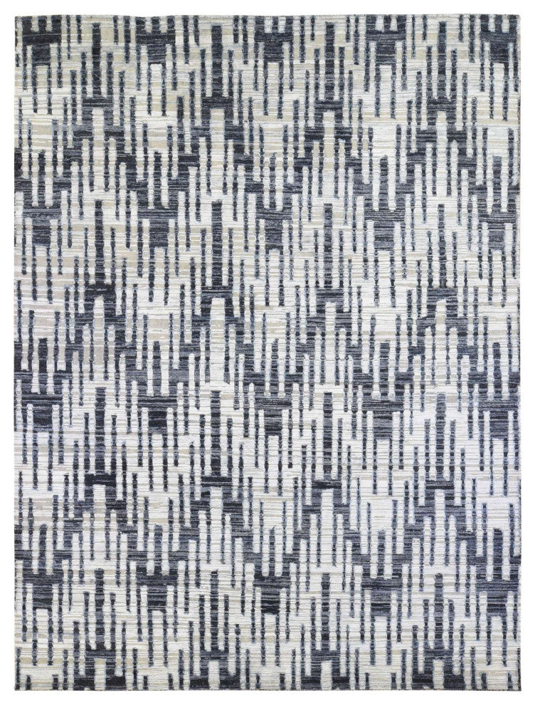 Black and White Zig Zag Design Pure Silk and Textured Wool Rug, 9'0" x 12'0"