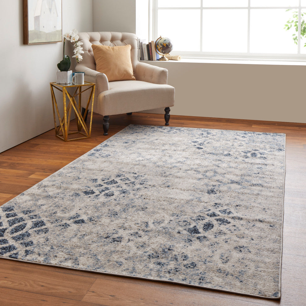 Wyllah Contrasting Distressed Area Rug, Ivory/Blue, 6'7"x9'6"