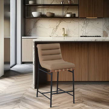 Burke Counter Stool, Tan, Vegan Leather, Walnut Veneer Metal Dowel