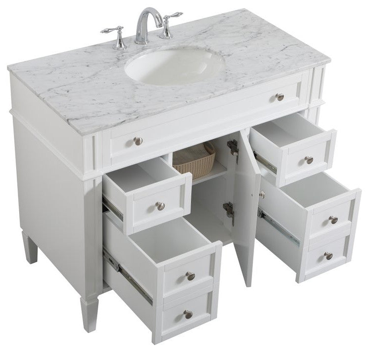 Home Living Vanity with Carrara White Marble Countertop, White, 42", Single Sink