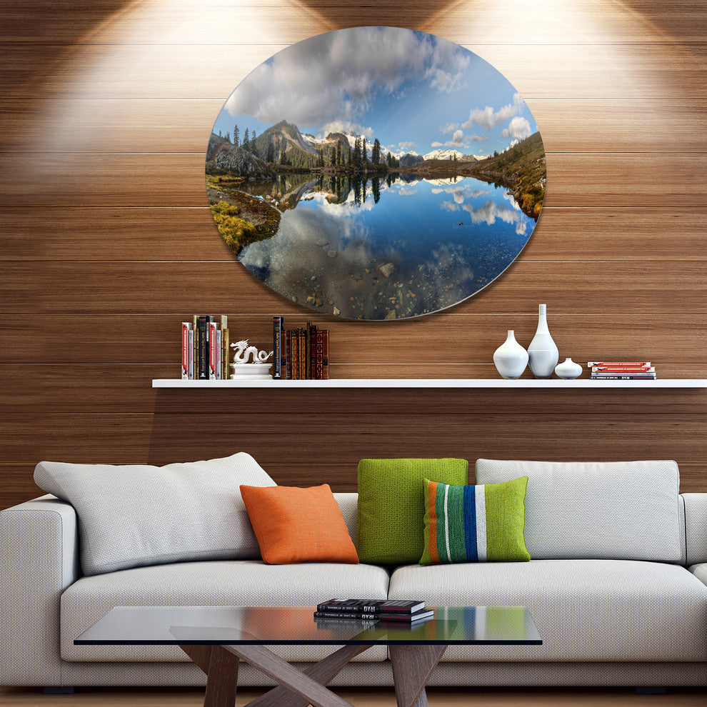 Clear Lake With Pine Trees Panorama, Landscape Disc Metal Wall Art, 11"