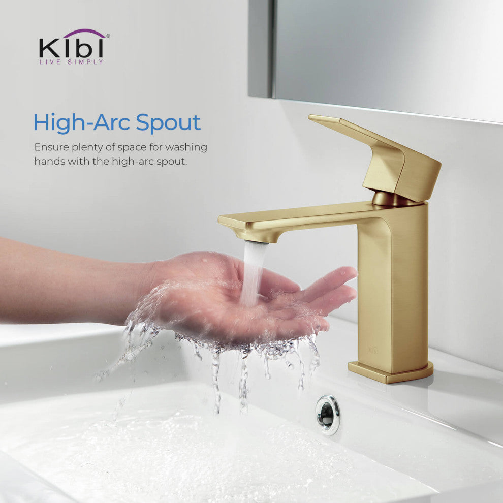 KIBI Mirage Single Handle Bathroom Faucet, Brush Gold, With Drain