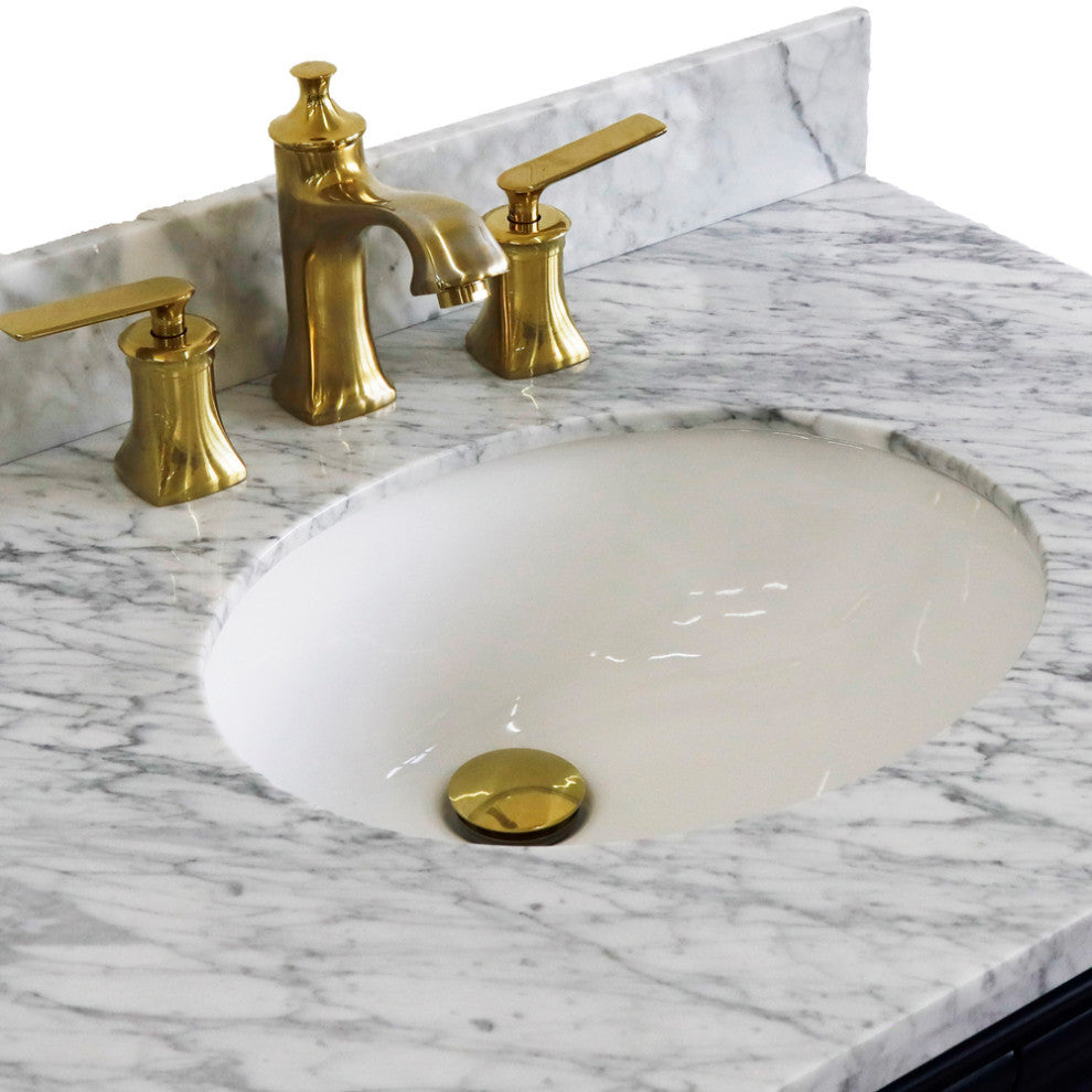 31" Single Vanity, Blue Finish With White Carrara And Oval Sink