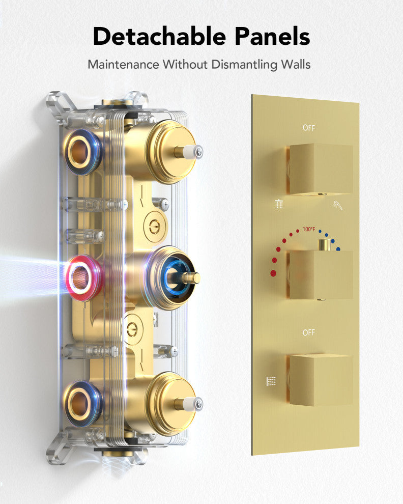 Thermostatic Shower Faucet 12" Rain Shower Head with Handheld Slide Bar System, Brushed Gold