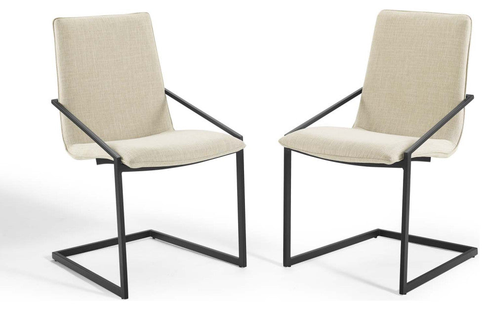 Side Dining Chair, Set of 2, Fabric, Metal, Black Beige, Cafe Bistro Restaurant
