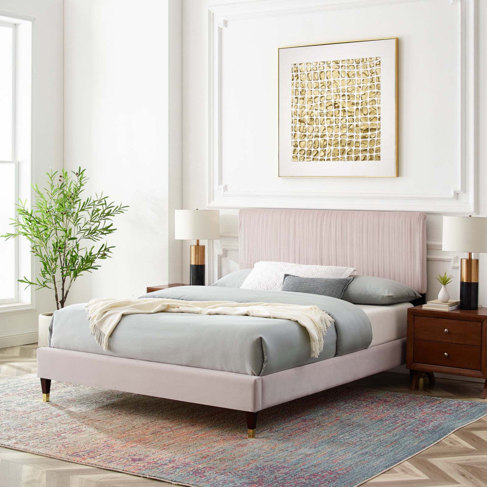 Platform Bed Frame, Full Size, Velvet, Pink, Modern Contemporary, Bedroom Master