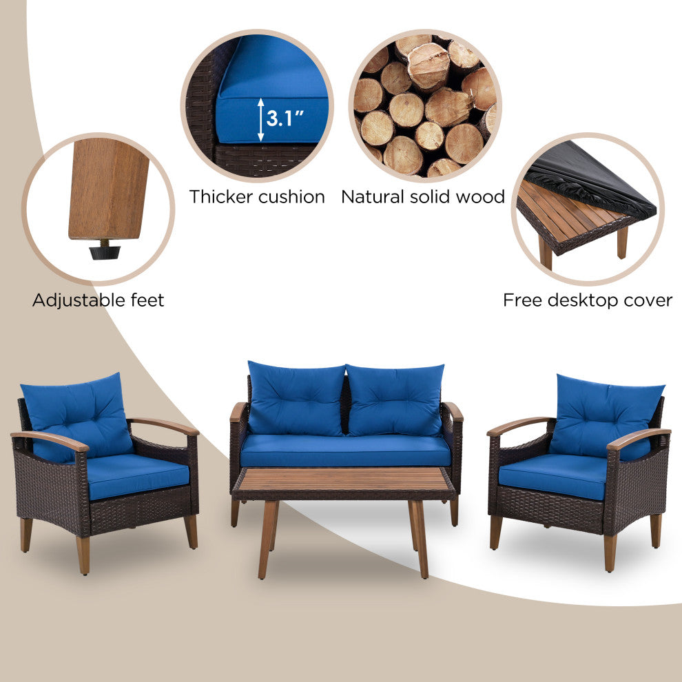 4-Piece Outdoor Wicker Patio Sofa Set with Wood Table and Removable Cushions, Blue
