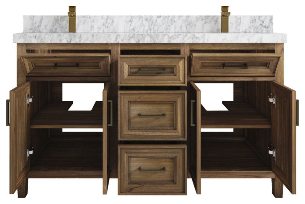 Santa Monica 60 Double Sink Bathroom Vanity in Graywashed Teak 2" Carrara Marble