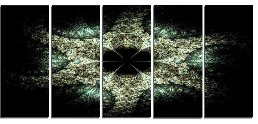 Yellow and Green Fractal Flower, Abstract Wall Art Canvas, 60"x28", 5 Panels
