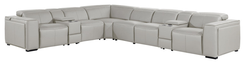 Niccolo Italian Leather 8-Piece L-Shaped Power Reclining Sectional, Light Gray