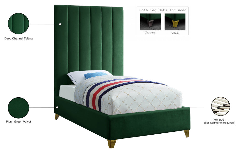 Via Velvet Upholstered Bed, Green, Twin