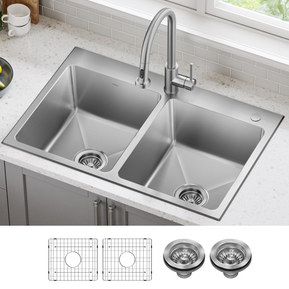 KRAUS Fairlane 33" Drop, / Top Mount 2-Bowl Stainless Steel Kitchen Sink