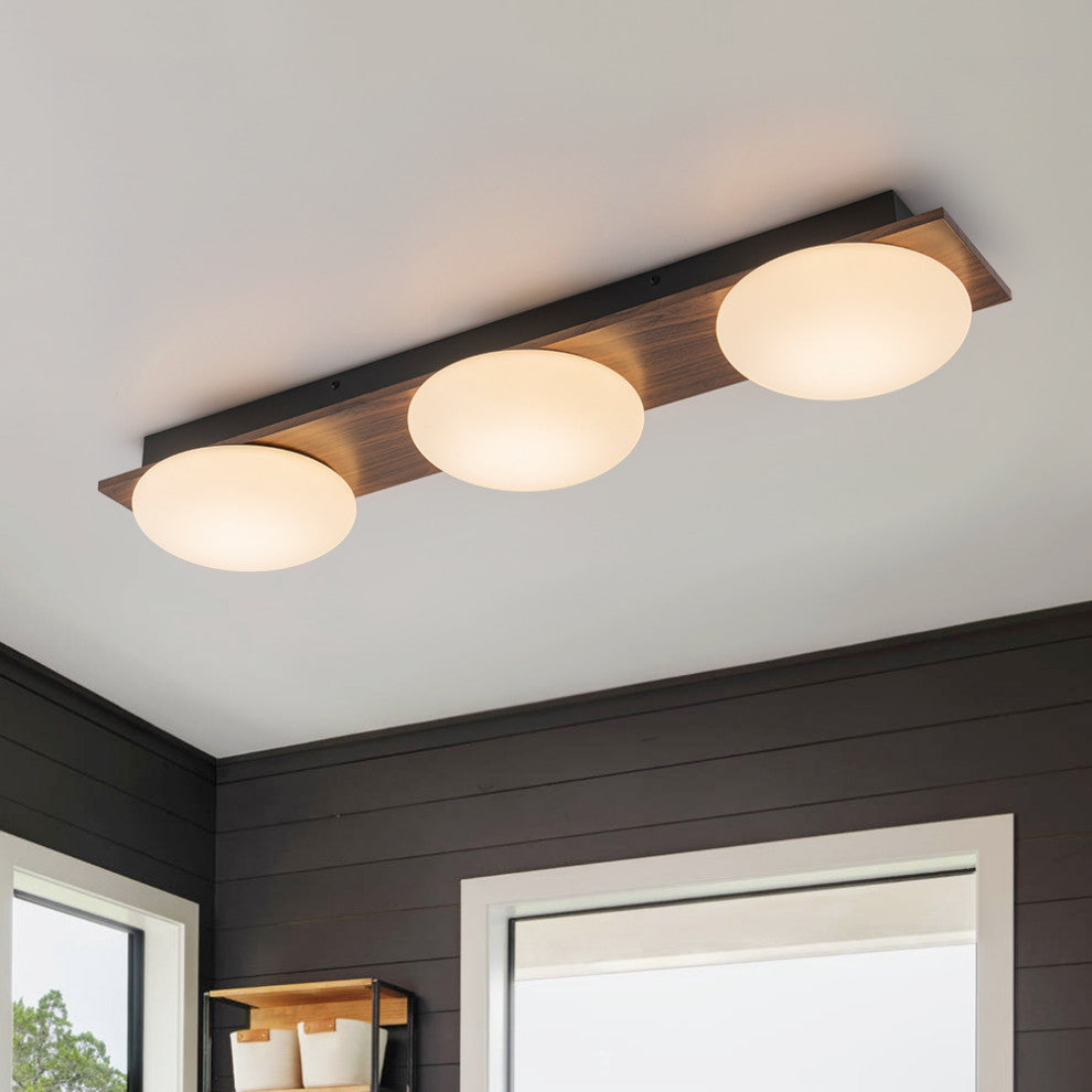 Farmhouse 3-Light Walnut Grain LED Rectangle Semi Flush Mount With Shade