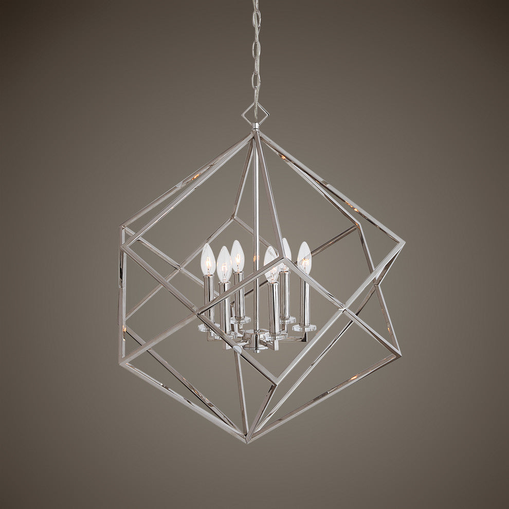 Mid Century Modern Interlocking Cubes Silver Pendant, 6 Light Chandelier Open