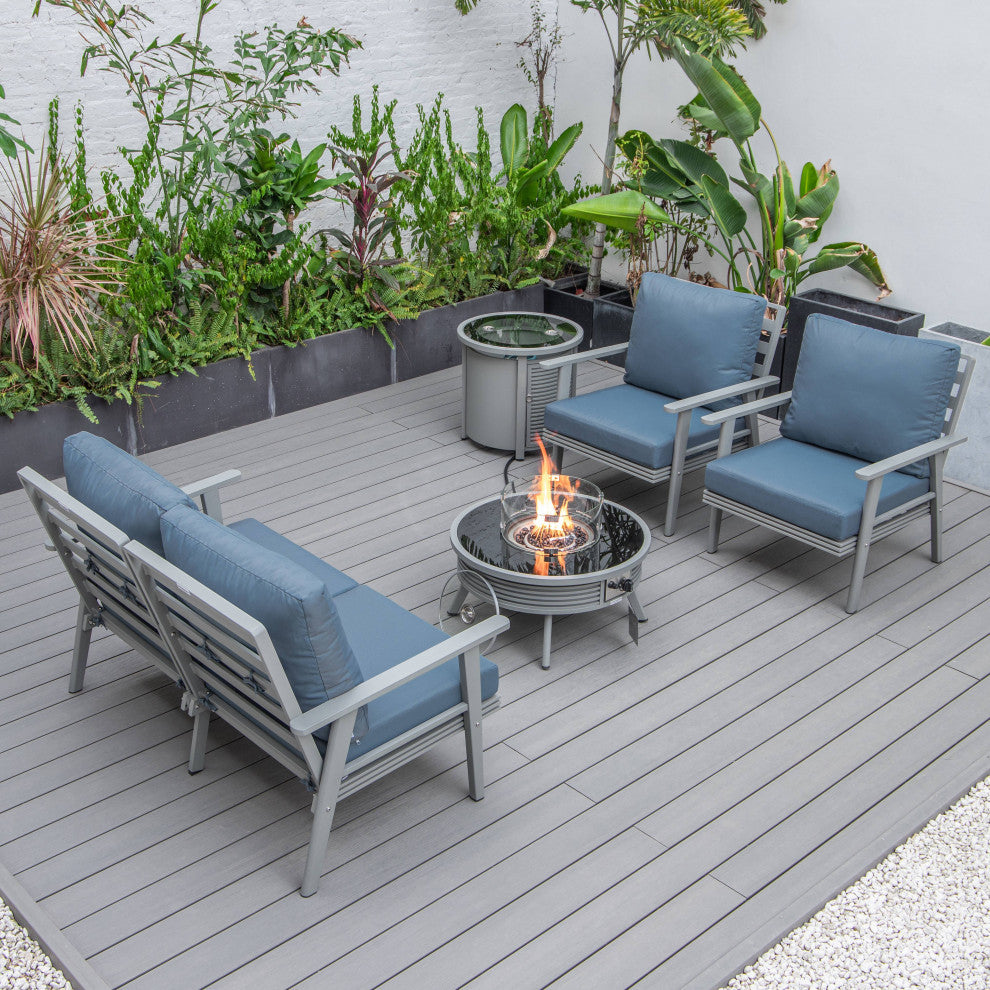 LeisureMod Walbrooke Patio Sofa Set With Round Fire Pit Table, Navy Blue