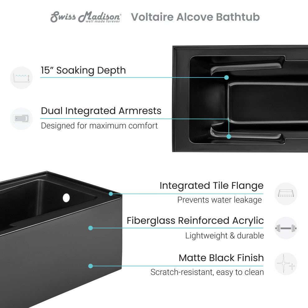 Voltaire Acrylic Alcove Integral Armrest Bathtub with Apron, Matte Black, 60"x32