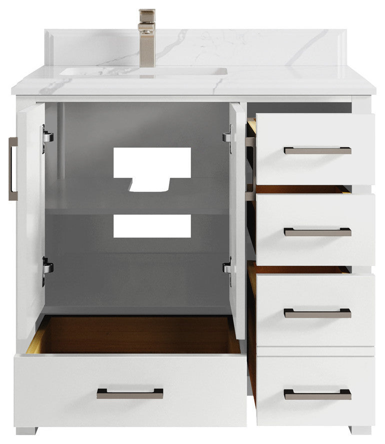Malibu 36 Left Offset Bath Vanity in White  1.5" Calacatta Laza