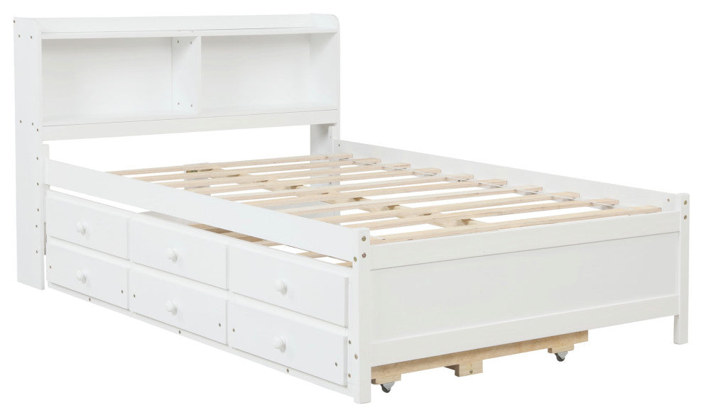 Full/Twin Wood Frame Platform Bed with Trundle and Drawers, White, Full